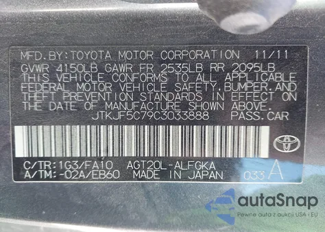 2012 Scion Tc z USA, uszkodzony, nr VIN JTKJF5C79C3033888